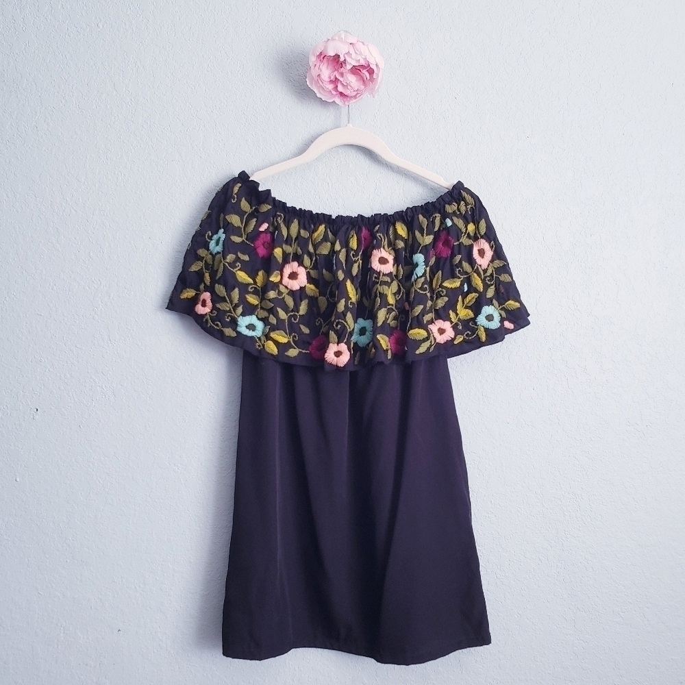 Judith March Black Floral Embroidered Off Shoulder Mini Dress